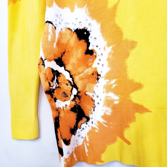 Nue Options Sunshine Yellow/ Autumn Abstract Floral w/Bling Cardigan Sweater - Picture 10 of 12